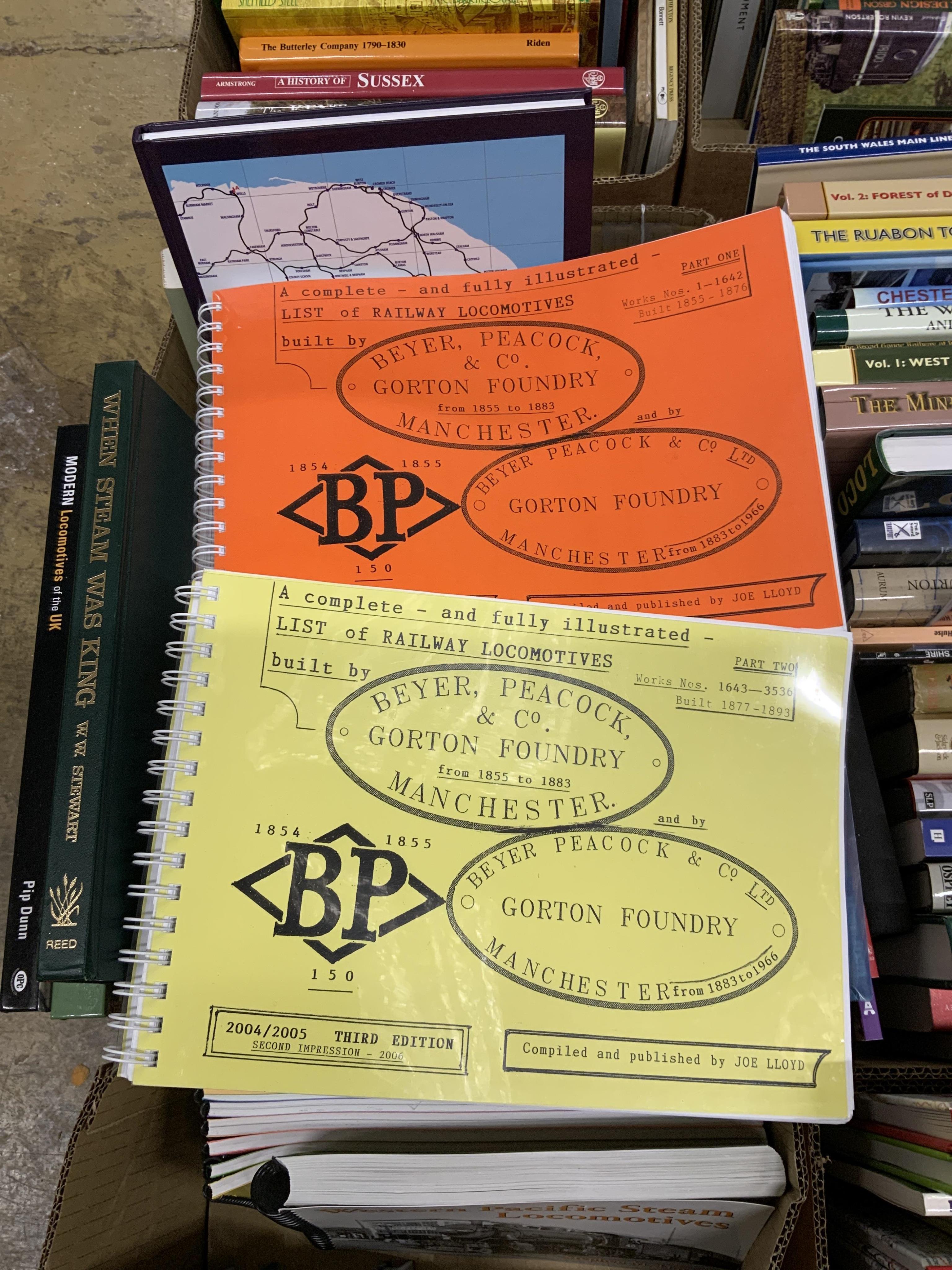 Eight boxes of railway related books, subjects include; the Great Western Railway, industrial locomotives, North British Railway, the Ffestiniog Railway, etc. publishers include; Oakwood Press, Pen & Sword, Ian Allan, Da